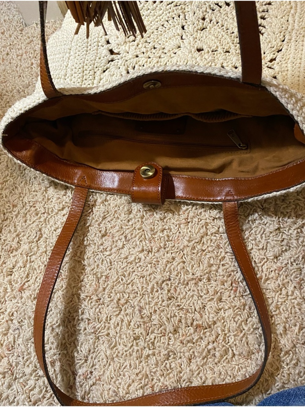 Neutral Crochet Tote Bag with Brown Tassel Straps - Patricia Nash. - Picture 11 of 12